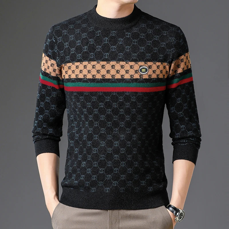Brand 2023 Autumn High End Mens Velvet Knit Sweater Tops Designer Classic Casual Wool Pullover Fashion Soft Warm Winter Clothing