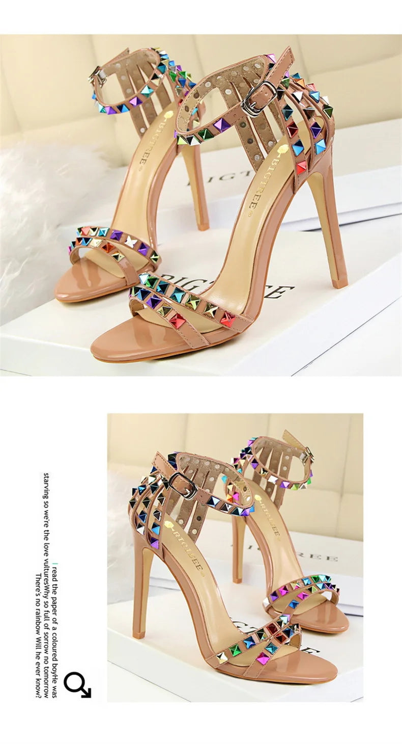 Summer Women Roman High Heels Rivets Studded Sandals Stiletto Gladiator Pumps Open Toe Luxury Shoes Hollow One-word Buckle 267-2