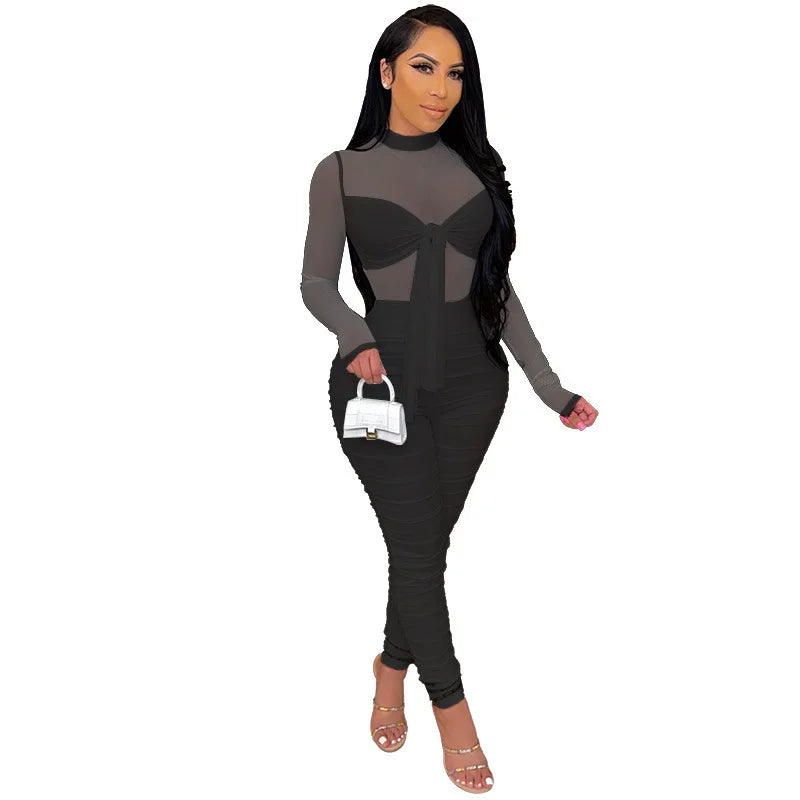 Sexy Mesh Patchwork Jumpsuits for Women Elegant Long Sleeve Bandage One Piece Party Long Bodysuit
