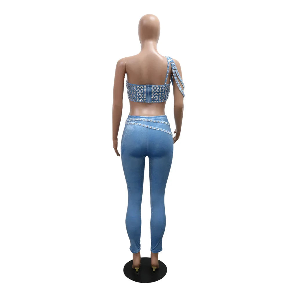 Joskaa Women Velvet 2 Piece Sets Sexy Diamonds Wrap Chest Tank Tops and Pencil Pants Match Winter Party Club Outfits Streetwear