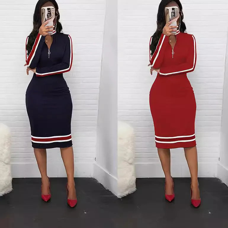 Women's Retro Long Sleeve Zipper Stitching Sexy Hip Casual Dress Fashionable Elegant Style