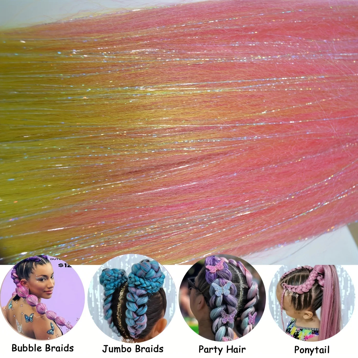 Purple Pink White 3 Tones Ombre Straight Braids Blend Hair Tinsel Festival Rave Hair Extensions for Girls Crazy Hair Day Braids