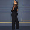 Fashion Women's Clothing Hollow Long-sleeved Loose Wide Leg Jumpsuits Overall Pants Solid Color Sexy Lace