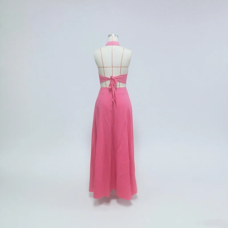 Women's Pink Two Piece Set Halter Collar Crop Top Split Maxi Skirt Ideal for Evening Parties Summer Weddings Chic Outings