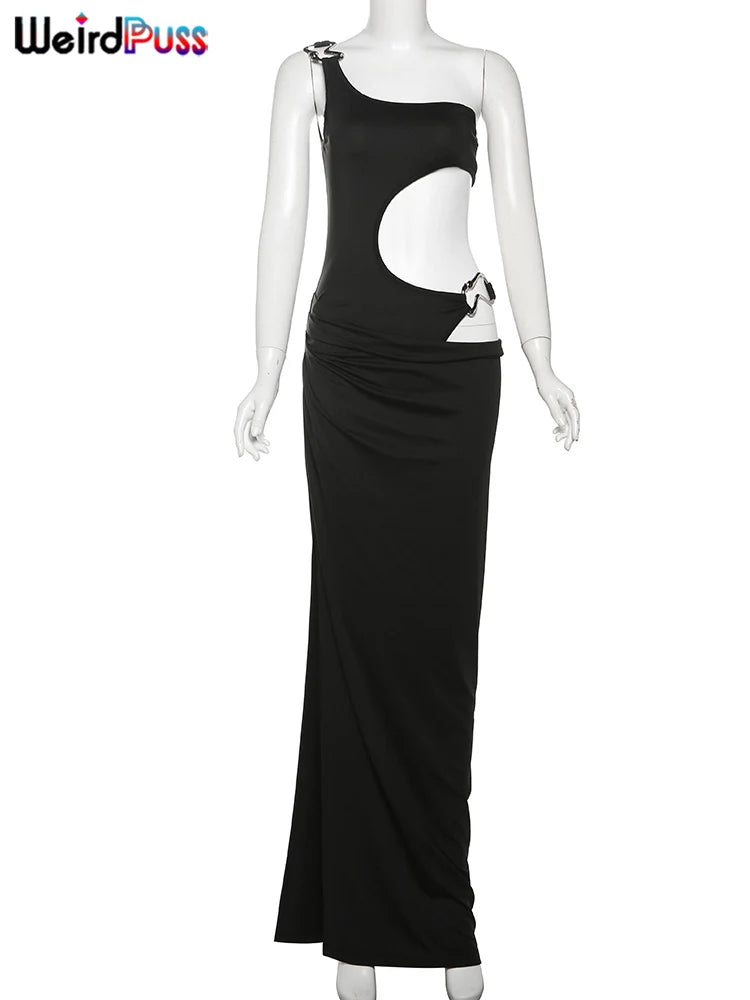 Weird Puss Metal Buckle Dress Women Irregular Hollow Split One Shoulder Skinny Ruched Waistless Midnight Clubwear Maxi Bodycon