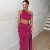 Ladies Spring 2 Pieces Sleeveless Backless Strap Spit Crop Top Side Slit Slim Fit Maxi Skirt Set Women Evening Party Clubwear