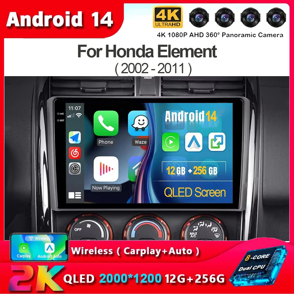 Carplay Auto Android 14 Car Radio For Honda Element YH 2002 2003 2004 2005 - 2011 GPS BT Multimedia 2Din Player Stereo DVD Video