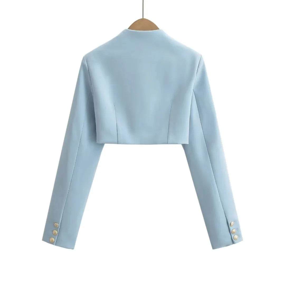 2023 Autumn V neck Open stitching Cropped Blazer Women Full Sleeve Short Suits Fashion Outerwear