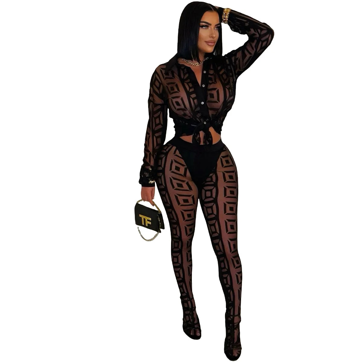 FAGADOER Sexy Mesh Women 2 Piece Set Outfit See Through Long Sleeves Crop Top + Skiny Pants Suits Female Streetwear Clothing New