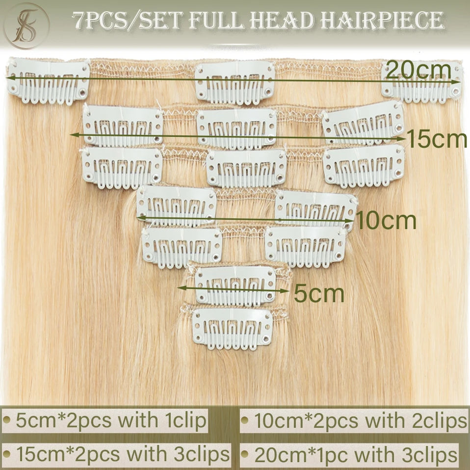TESS 7Pcs/Set Human Hair Clip In Hair Extensions Natural Extension 14"-24" Full Head Blonde Human Hair Clip Ins Remy Hair Pieces