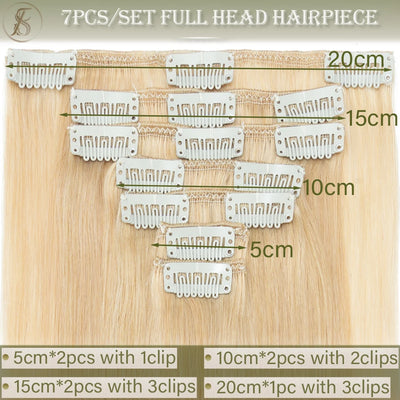 TESS 7Pcs/Set Human Hair Clip In Hair Extensions Natural Extension 14"-24" Full Head Blonde Human Hair Clip Ins Remy Hair Pieces