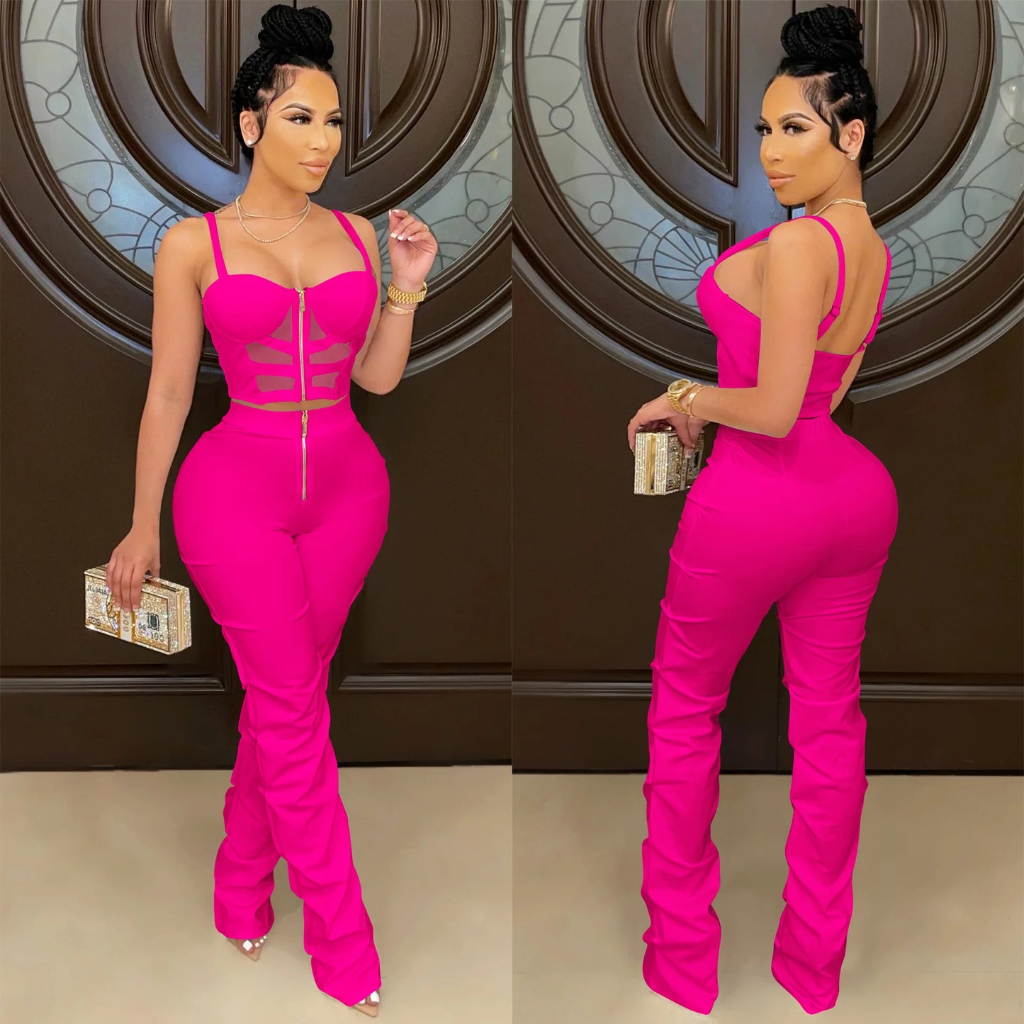 Sexy Solid Color Women's 2-Piece Slim Fit Open Back Zipper Tank Top+High Waist Trouser Set Amazing Bust Wrapping Street Clothing