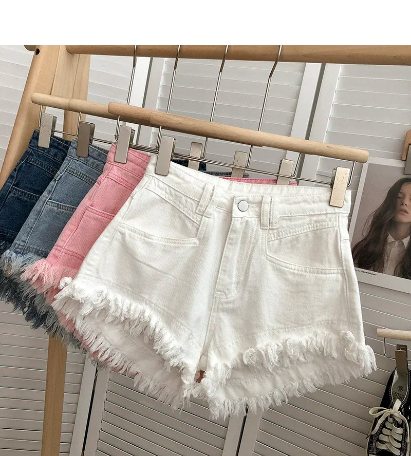ITOOLIN Women Vintage Tassels Denim Shorts Button Loose High Waist A-line Jean Shorts Casual Women Office Trousers Streetwear