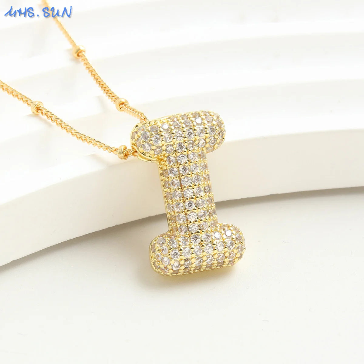 SUNSLL Cubic Zircon A-Z 26 Bubble Letter Necklace 2 Sizes Gold Plated M Chunky Balloon Initials Pendant Women Chain Jewelry 2024