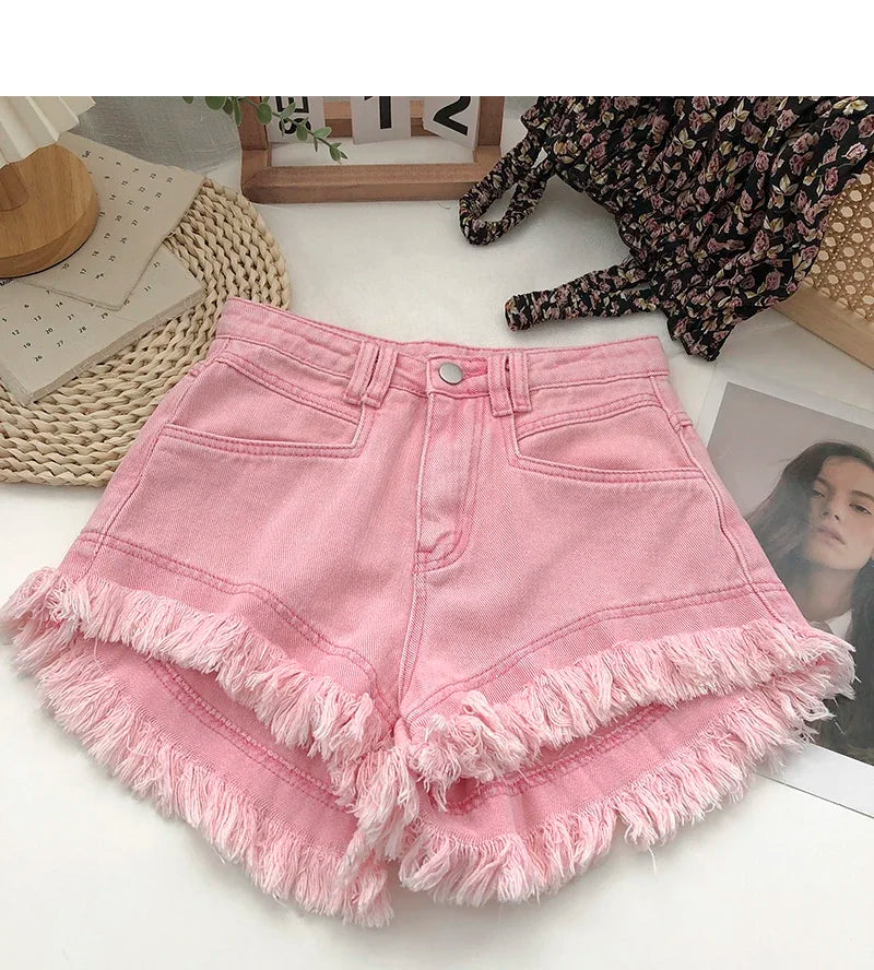 ITOOLIN Women Vintage Tassels Denim Shorts Button Loose High Waist A-line Jean Shorts Casual Women Office Trousers Streetwear
