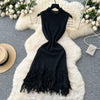 Chic Elastic Knit tassel O Neck Women Elegant Korean Fashion Vestidos Summer A-line Wrap mini dress