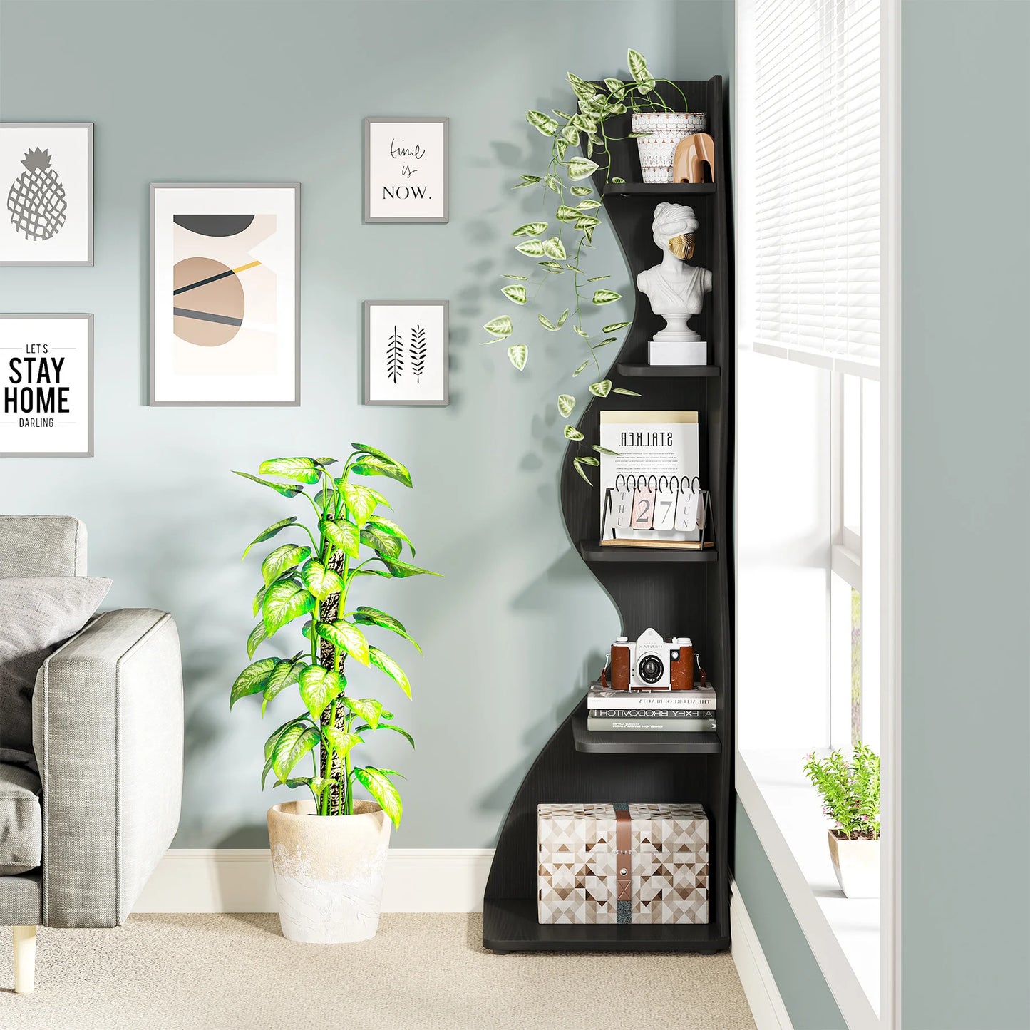 Tribesigns Corner Shelf, Modern 5-Tier Wall Corner Bookshelf, Stylish Corner Small Bookcase Storage Rack Plant Stand