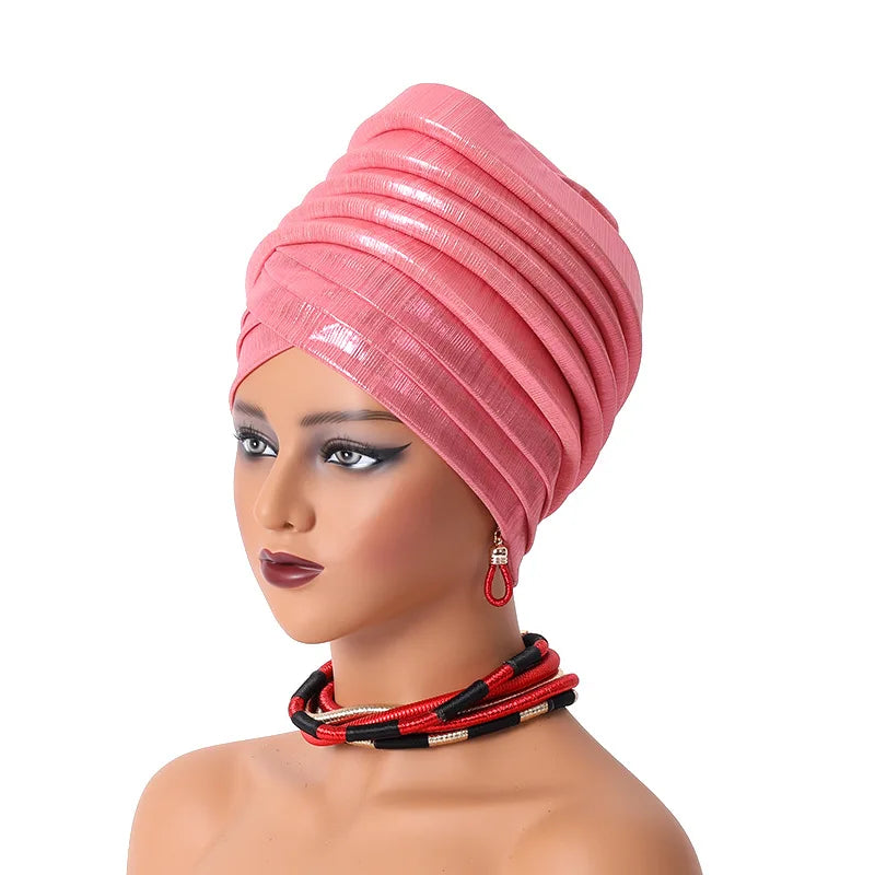 African Women's Auto Gele Headtie Nigeria Lady Pleated Head Wraps Muslim Headscarf Bonnet Turbante Mujer