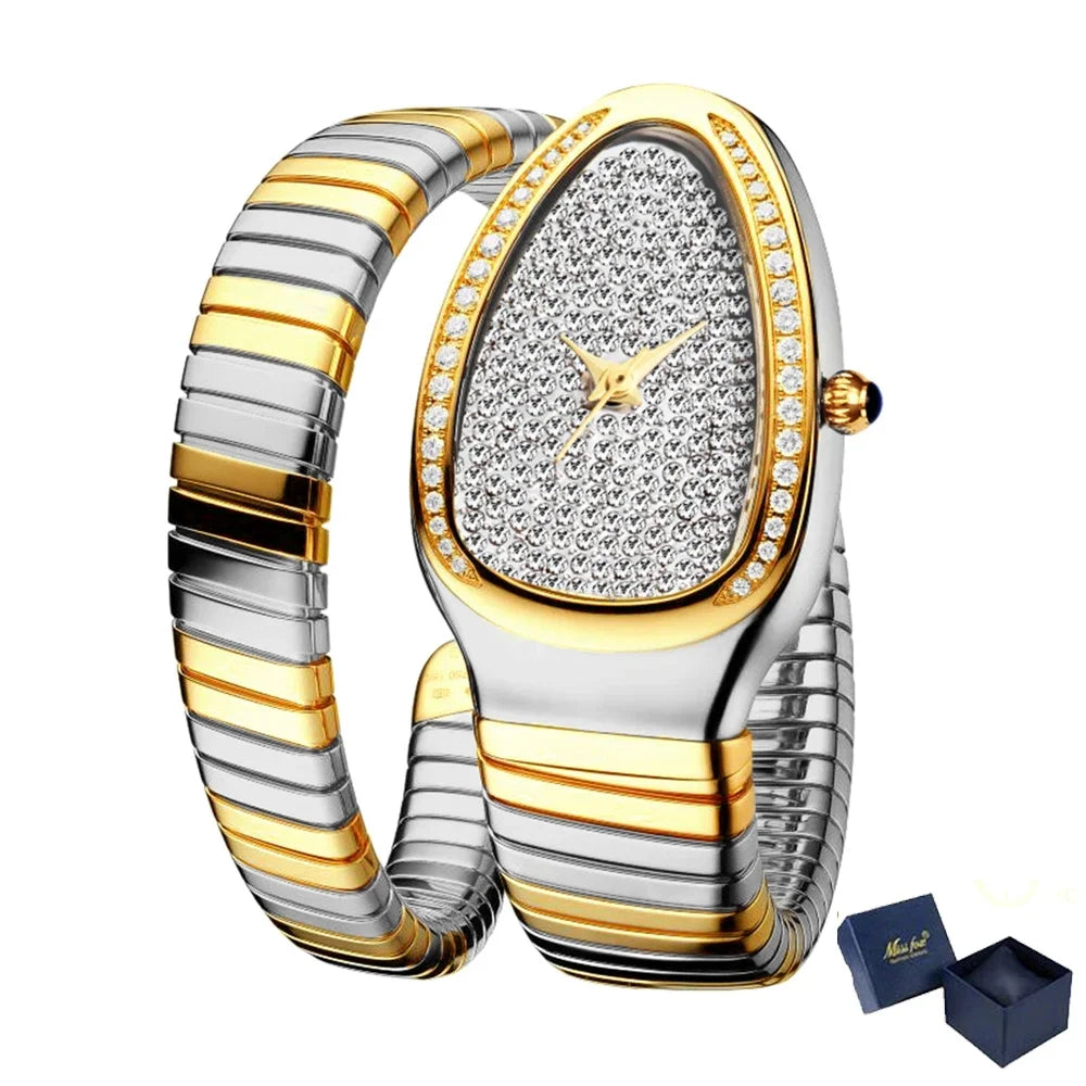 Classic Snake Shape Watch For Women Gold Silver Scaleable Bracelet Womens Watches Bling Diamonds Quartz Ladies Wristwatch