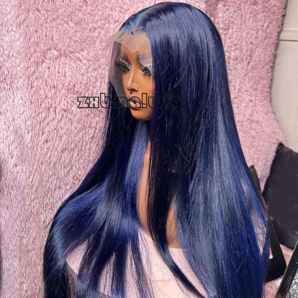 Ombre Blue Blonde Preplucked Long Lace Front Wig Straight 180%Density Hairline Glueless For Women Synthetic Fiber