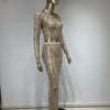 Festival Outfit Women High End Fashion Nude Color Rhinestone Mesh Long Sleeve O Neck Crop Top and Long Skirts Gala Two Piece Set