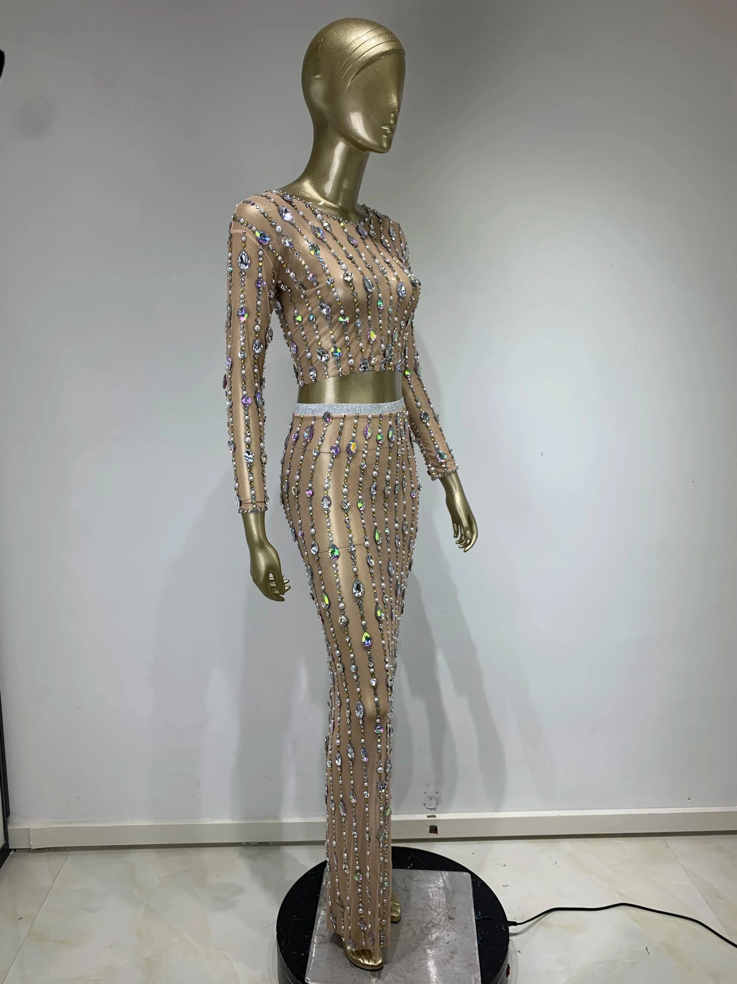 Festival Outfit Women High End Fashion Nude Color Rhinestone Mesh Long Sleeve O Neck Crop Top and Long Skirts Gala Two Piece Set