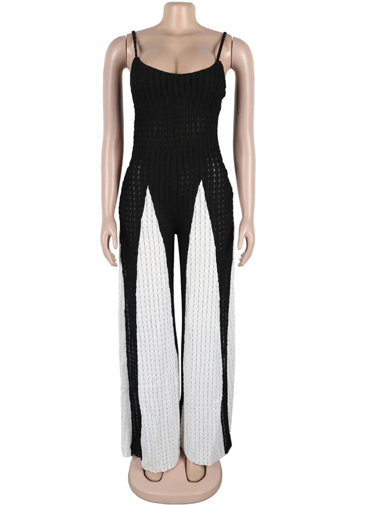 Beyprern Women's Patchwork Spaghetti Straps Knitted Wide Legs Jumpsuits One Piece Outfits Night Clubwear Female Workout Overalls