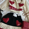 Y2K Womens Street Clothing Heart shaped Leather Clothing Two Punk Jacket Cut Denim Patchwork Retro Pleated Mini Skirt Jacket Set