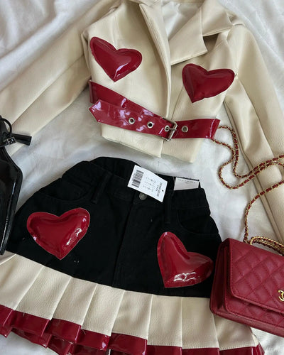 Y2K Womens Street Clothing Heart shaped Leather Clothing Two Punk Jacket Cut Denim Patchwork Retro Pleated Mini Skirt Jacket Set