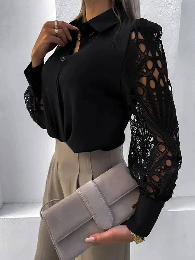 Women's Blouse White blank Elegant V-neck Lace Sleeve Cut-out Patchwork Office Commuter Black Shirt For Female