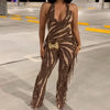 HLJ Sexy Striped Print Tassel Patchwork Bodycon Jumpsuit Women Halter Backless Skinny Rompers Female Party Clubwear Overalls New
