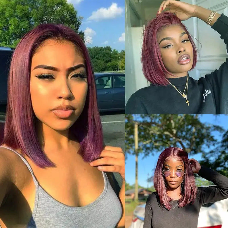 Burgundy Bob Wig Lace Front Human Hair Wigs Pre-Plucked 99J Red Blonde Colored Straight Human Hair Wigs 13x1 Lace Front Wig