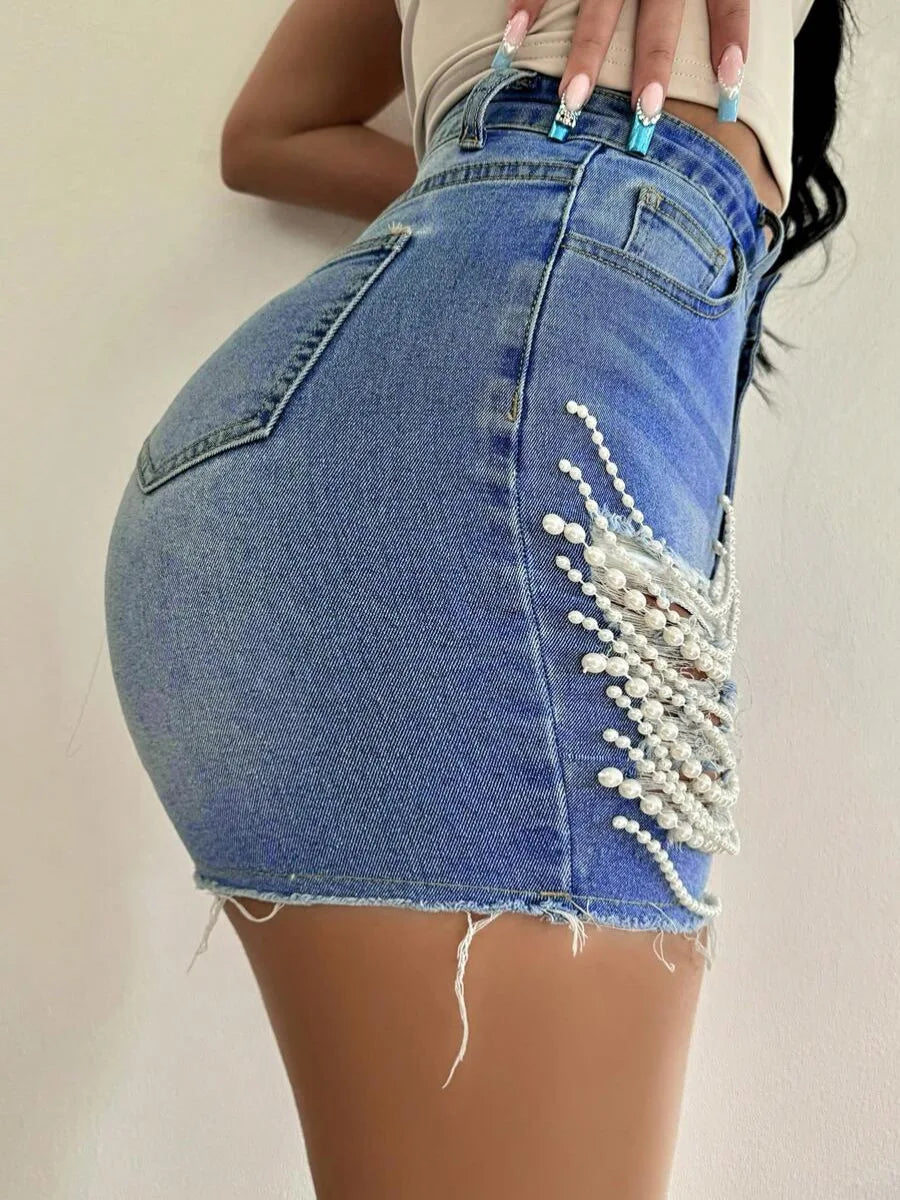 Denim Shorts Women Summer New High-waisted and Thin Handmade Bead Chain Ripped Hot Pants for Women