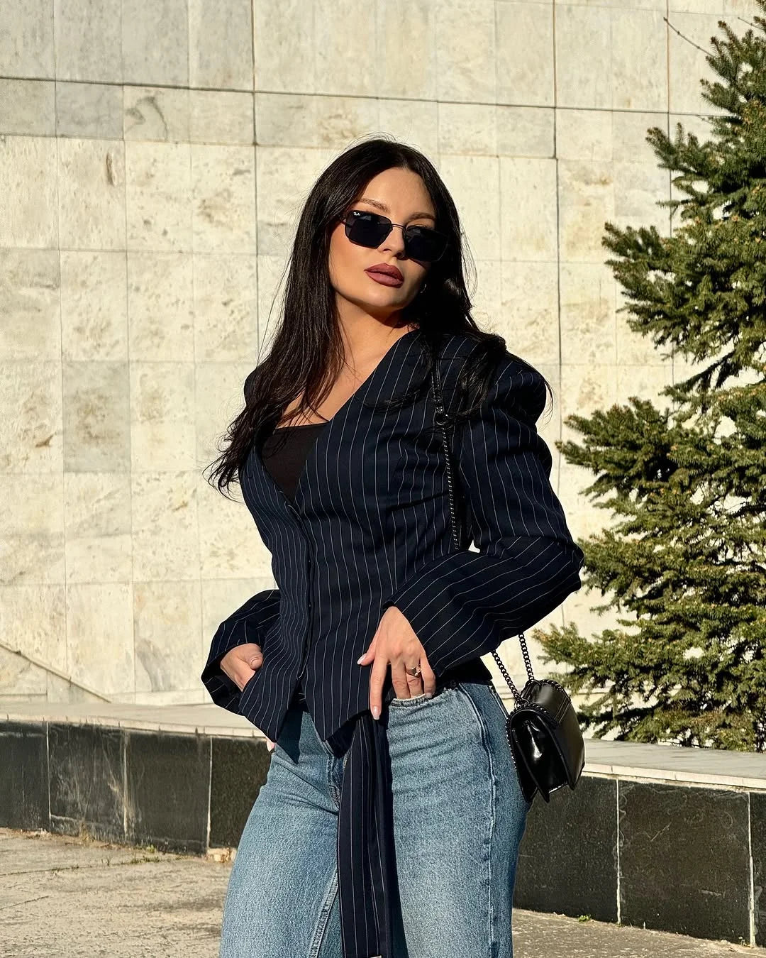 Tossy Elegant Female Striped Suit Coat For Women Scarf Lace-Up Patchwork V-Neck Long Sleeve Luxury Outwear Female Jackets Coat