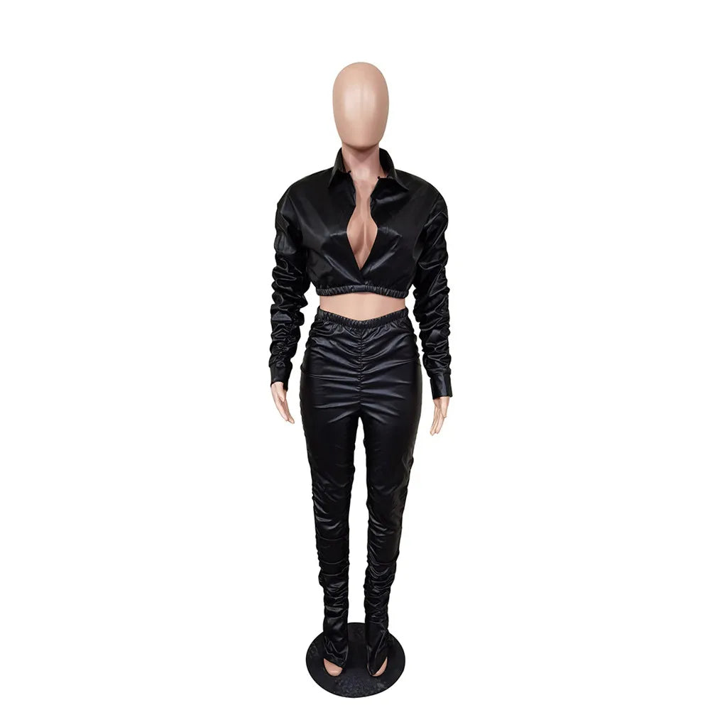 Sexy PU Faux Leather Two Piece Set for Women Birthday Night Club Outfits Crop Top and Slit Stacked Pants Matching Sets Undefined