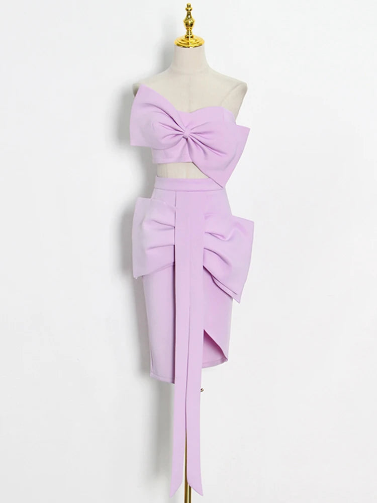 VGH Strapless Slim Solid Sets For Women Sleeveless High Waist Patchwork Bow Top Irregular Sexy Mini Two Piece Set Female Clothes