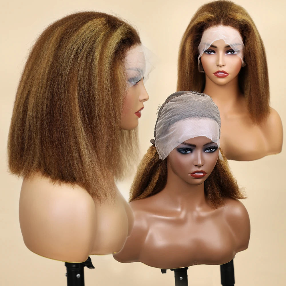 Highlight Ombre Lace Front Wig Human Hair Pre Plucked 13x4 colored 4/27 250%Density Honey Blonde Kinky Straight Lace Wigs