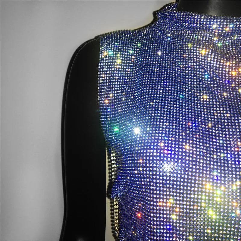Sexy Rhinestone Backless Party Crop Top Women Glitter Turtleneck TShirt Adjustable Metal Chain Summer Nightculb Diamond Tank Top