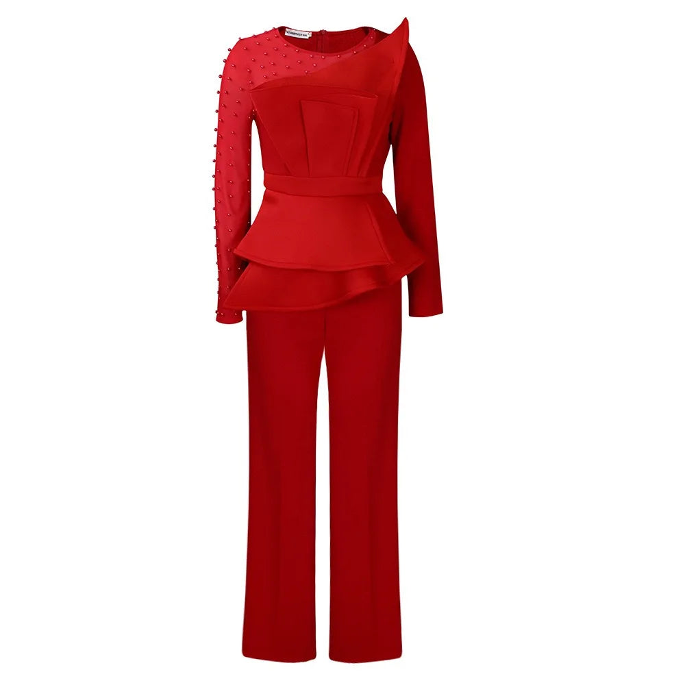 Luxury Jumpsuits & Rompers for Women Round Neck Beaded Transparent Sleeve High Waisted Elegant Female Birthday Party Overalls