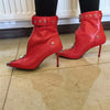 Belt Buckle Front Zipper Fashion Show Short Boots Women's Autumn Winter New Pointed Metal Decoration Red High Heels Ankle Boots