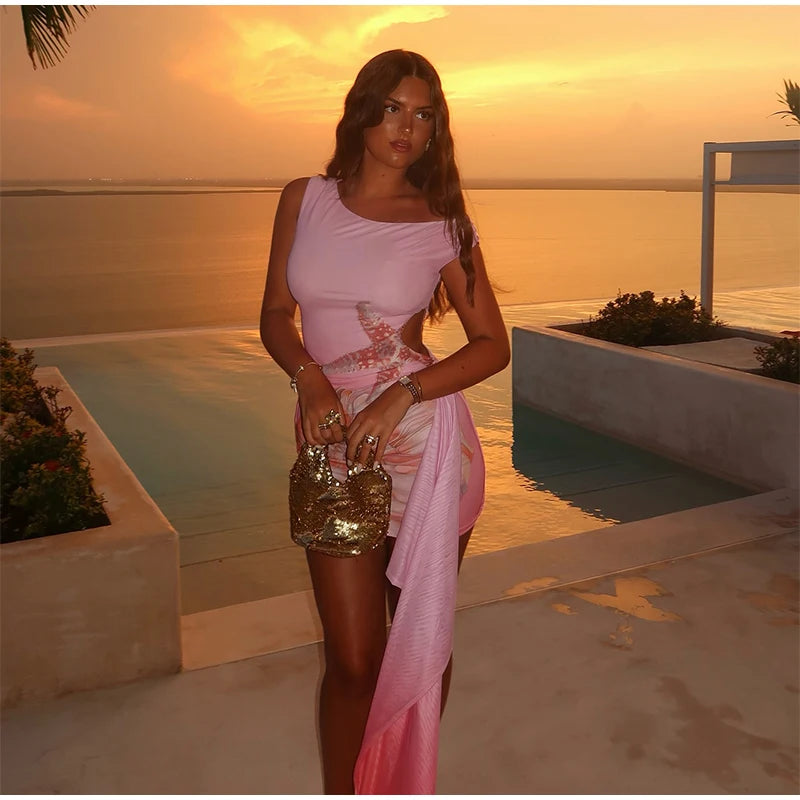 Chic Print Tassel Mini Dress Women Hollow Biased Collar Sheath High Stretch Pleated Beach Dresses 2025 Summer Bodycon Vestidos