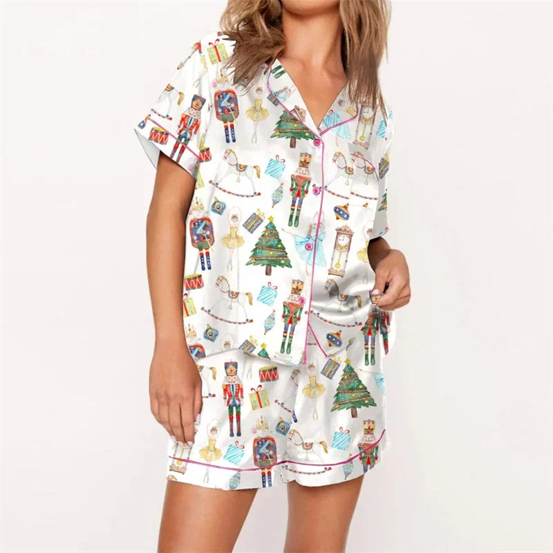 Nutcracker Pajamas Women Christmas Pajama Set Short Sleeve Tops+Elastic Waist Shorts Santa Claus Avatar Print Sleepwear Outfits