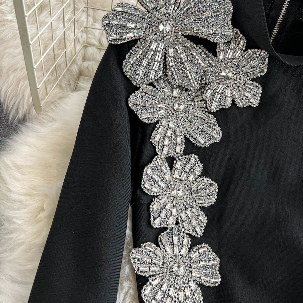 Faionable Diamond Embellied Wrap Skirt Set ort Top Long Dr Slimming High Collar Long Sve Zipper Two Piece Set