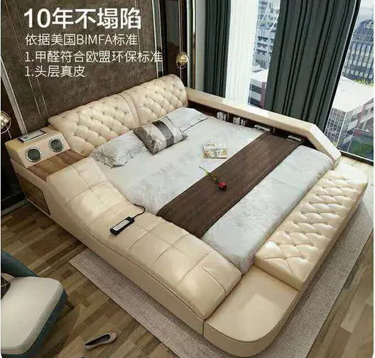 MANBAS Tech Smart Multifunctional Bed Frame with Genuine Leather, Bluetooth Speaker, and Massager Ultimate Soft Lit Tatami Camas