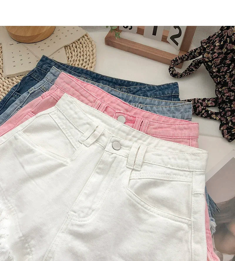 ITOOLIN Women Vintage Tassels Denim Shorts Button Loose High Waist A-line Jean Shorts Casual Women Office Trousers Streetwear