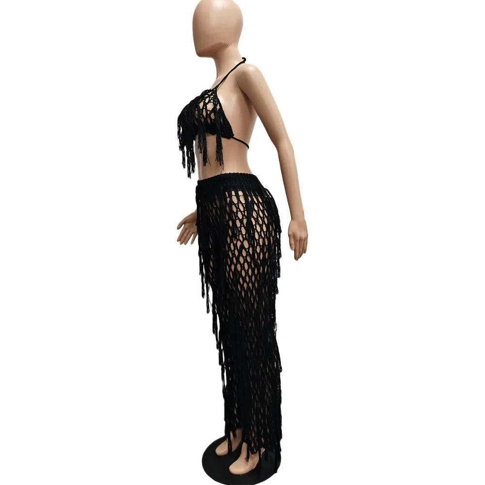 FAGADOER Sexy Hollow Out Tassels Pants Two Piece Sets Women Halter Sleeveless Backless Crop Top + Pants Outfit Female Streetwear