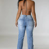 Women's Destroyed Ripped Hole Denim Pants Pearl Rhinestones Chain Distressed Slim Fit Skinny Jeans Y2K Night Club Party Jeans
