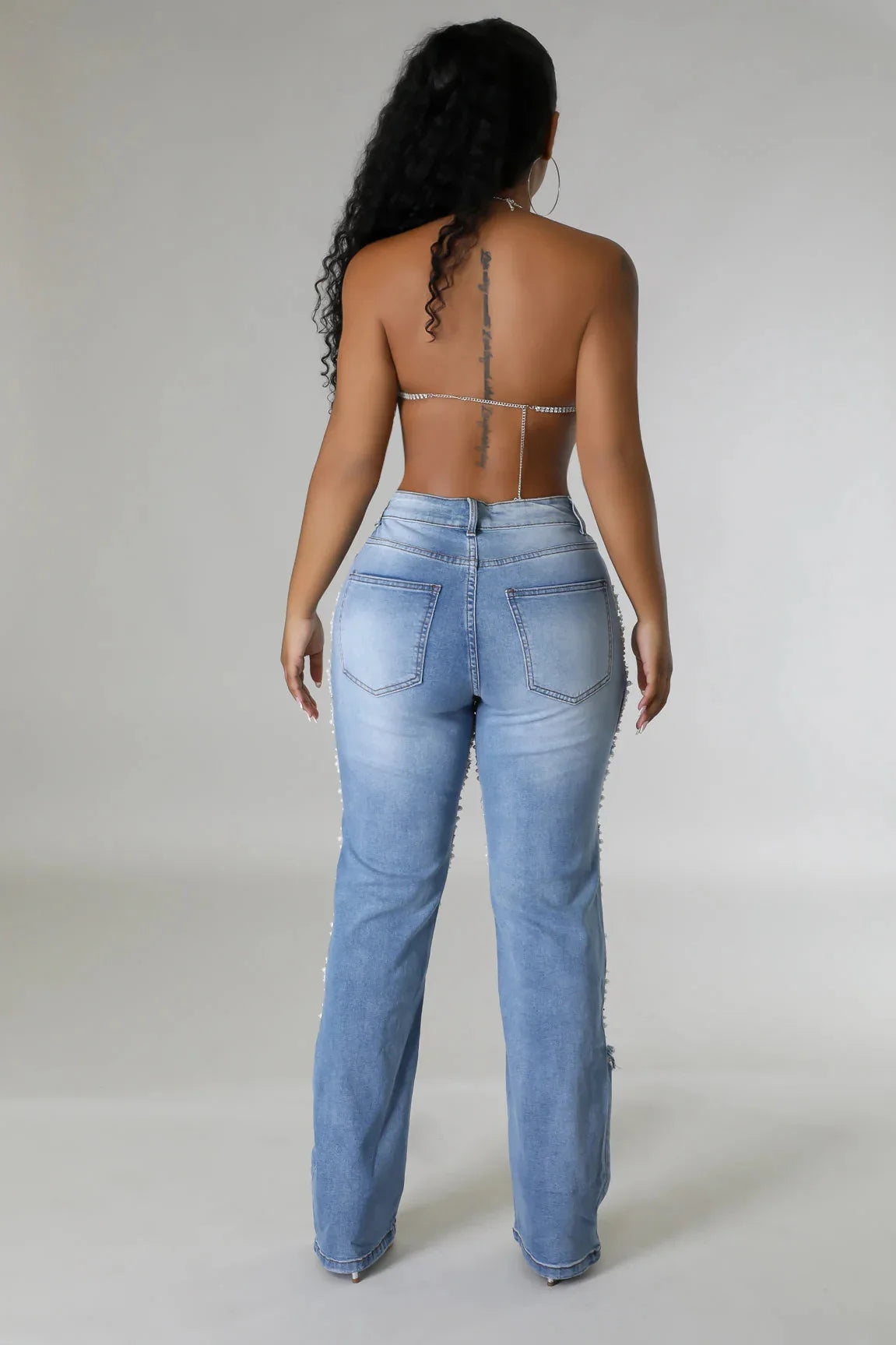 Women's Destroyed Ripped Hole Denim Pants Pearl Rhinestones Chain Distressed Slim Fit Skinny Jeans Y2K Night Club Party Jeans