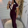 Beyprern Women's Turn-Down Collar Patchwork Wide Legs Jumpsuits Fashion Short Sleeve Stretchy Fitted Overall Night Club Outfits