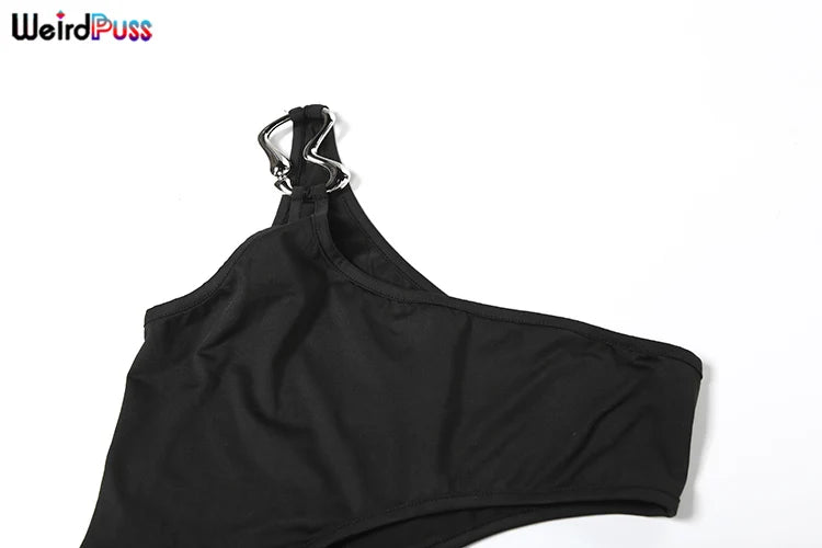 Weird Puss Metal Buckle Dress Women Irregular Hollow Split One Shoulder Skinny Ruched Waistless Midnight Clubwear Maxi Bodycon